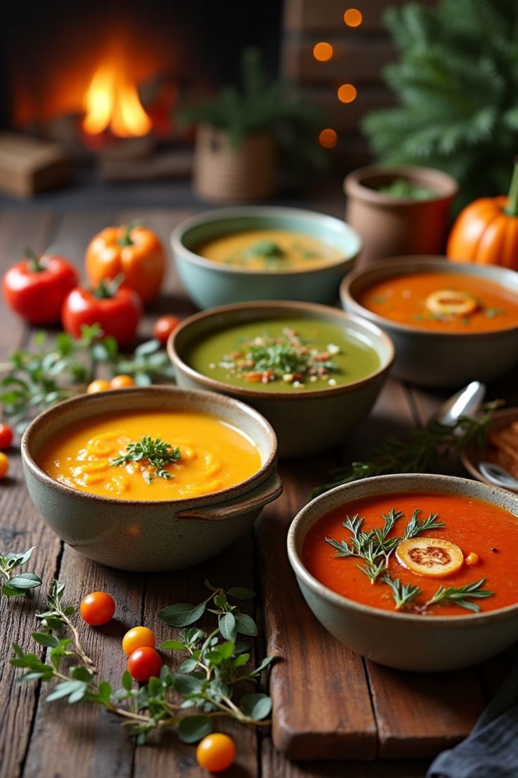 Mesa de inverno com várias sopas e cremes coloridos